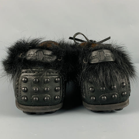 CAR SHOE Size 8 Black Leather Fur Trim Drivers Loafers