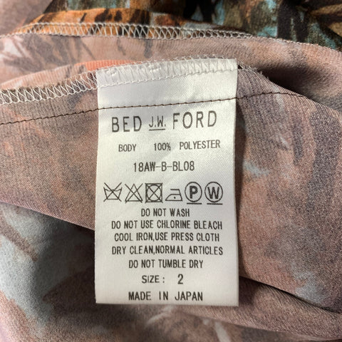 BED J.W. FORD Size S Orange Brown Blue Leaf Print Polyester Camp Collar Long Sleeve Shirt