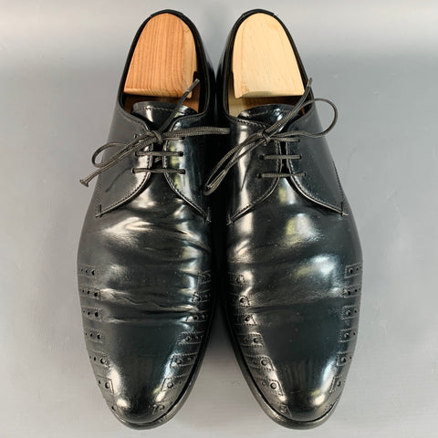 PRADA Size 7 Black Perforated Leather Derby Lace-Up Shoes