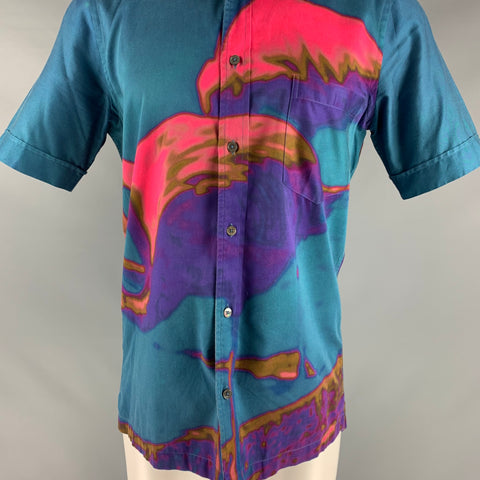PAUL SMITH Size S Blue Pink Watercolor Cotton One Pocket Short Sleeve Shirt