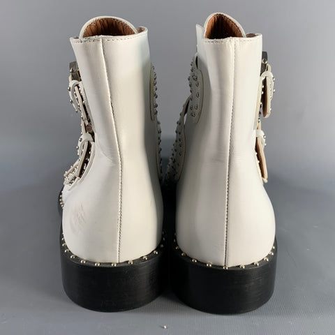 GIVENCHY Size 8 White Studded Leather Belted Boots