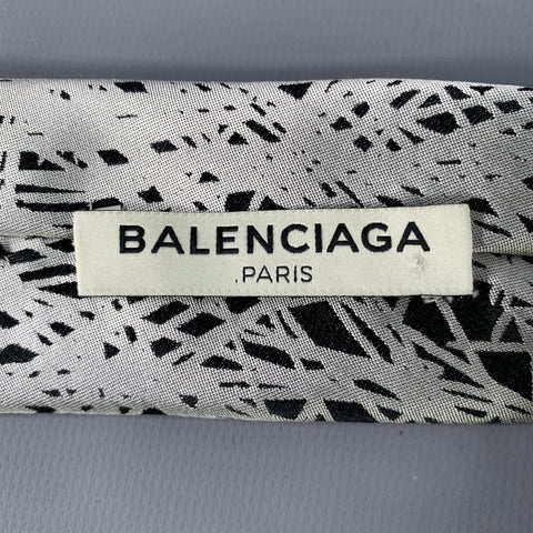 BALENCIAGA Silver Black Abstract Lines Silk Tie
