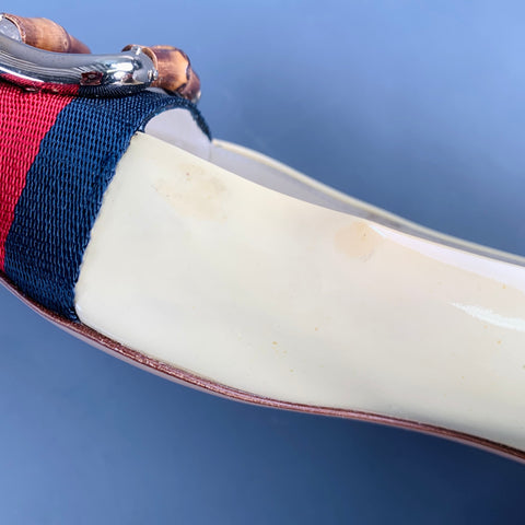 GUCCI Vintage Size 10 Vernice Beige Red Blue Patent Leather Web Bamboo Buckle Flats