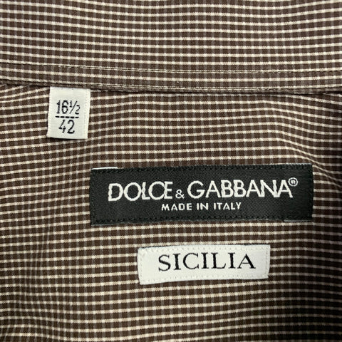 DOLCE & GABBANA Size L Brown White Gingham Cotton Blend Spread Collar Long Sleeve Shirt