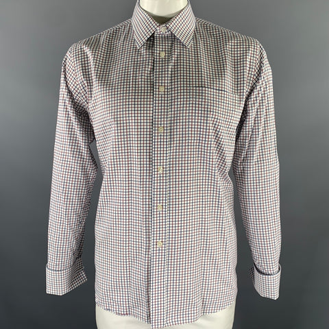 LORDS TAYLOR Size L White Navy Red Check French Cuff Long Sleeve Shirt