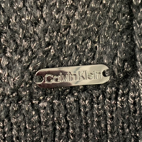 CALVIN KLEIN Black Silver Knit Polyester Blend Scarf Beanie Set