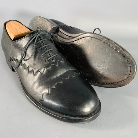 BOTTEGA VENETA Size 11 Black Leather Textured Zig Zag Lace-Up Shoes