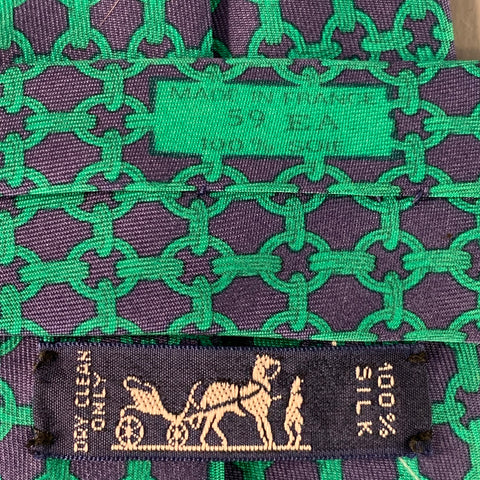 HERMES Navy Green Woven Chain Silk Tie