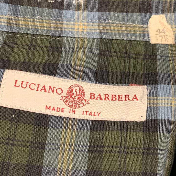 LUCIANO BARBERA Size 44 Blue Olive Plaid Cotton One Pocket Long Sleeve Shirt
