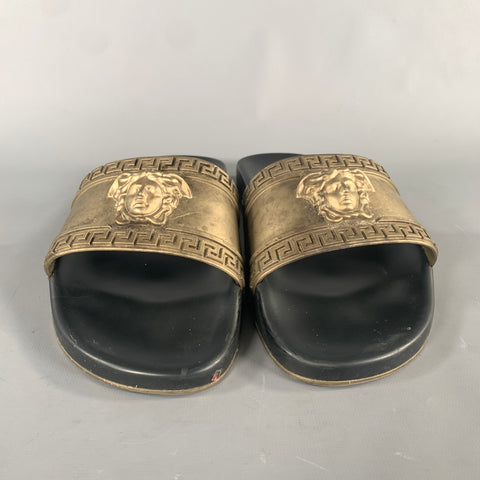 VERSACE Size 9 Gold Black Greca Rubber Slide Sandals