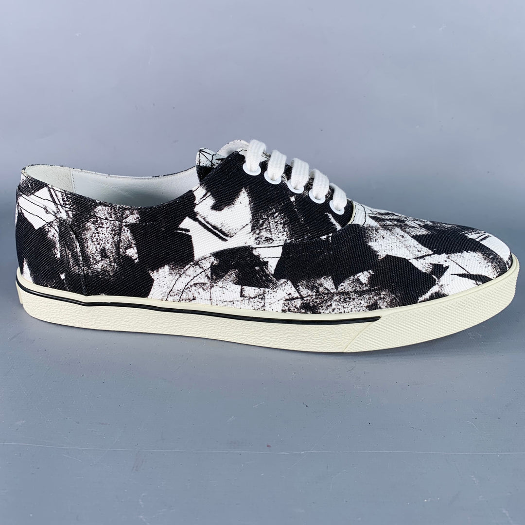 CELINE Fall 2019 Size 9 Black White Marbled Canvas Lace-Up Sneakers