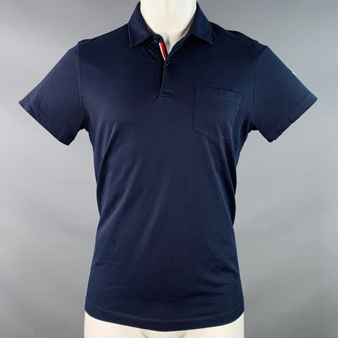 MONCLER Size M Navy Cotton Blend One Pocket Contrast Trim Polo