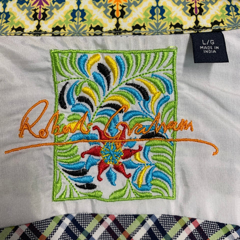 ROBERT GRAHAM Size L Navy Green Plaid Cotton Button Up Short Sleeve Shirt