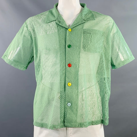 BRAIN DEAD Size L Green Multi Color Knit Polyester One Pocket Mesh Short Sleeve Shirt