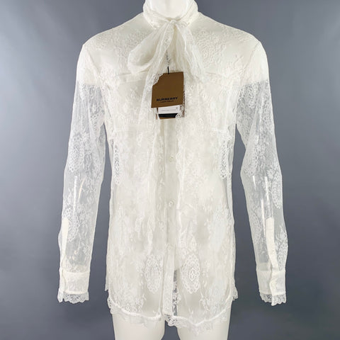BURBERRY Size XS White Lace Viscose Blend Bow Long Sleeve Shirt
