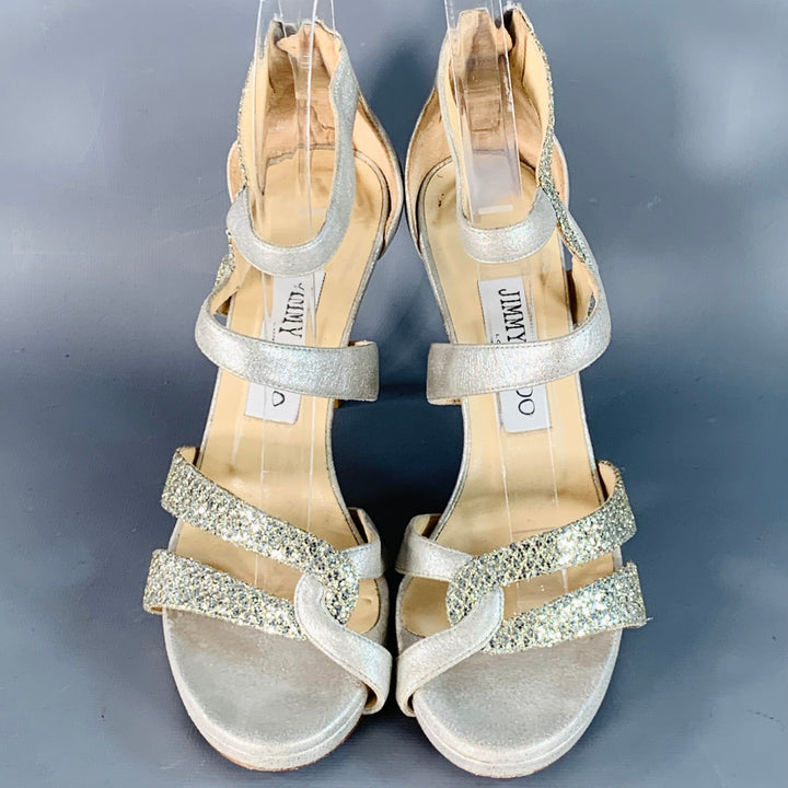 JIMMY CHOO Size 6.5 Grey Silver Glittery Leather Platform Stiletto Sandals