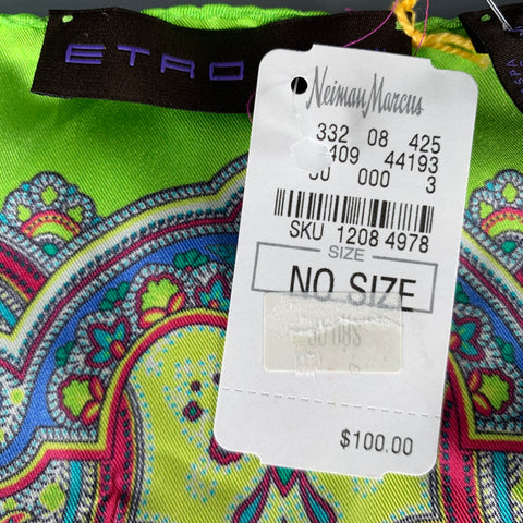 ETRO Green Multi Color Paisley Silk Pocket Square