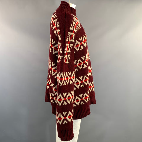 RAF SIMONS FW2016 Size One Size Burgundy Beige & Red Knitted Wool Mock Neck Sweater
