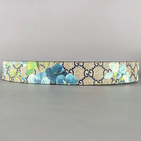GUCCI Size 34 Blue Grey Floral Canvas Belt