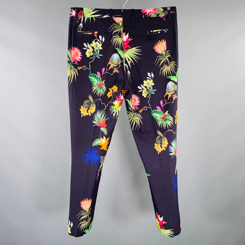 ETRO Size 32 Black Multi Color Floral Wool Blend Flat Front Dress Pants
