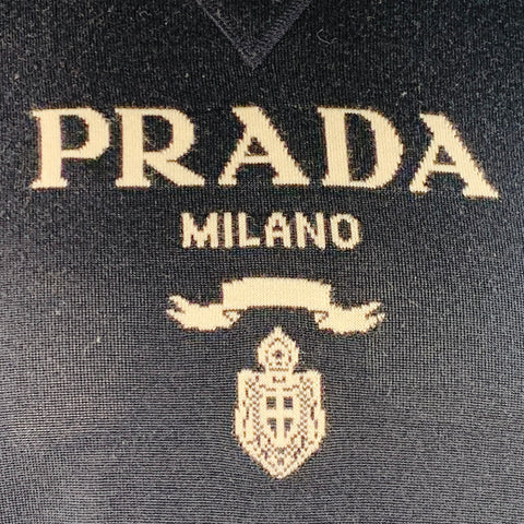 PRADA Size L Navy White Logo Cashmere Wool Jersey Short Sleeve Crew Neck Pullover