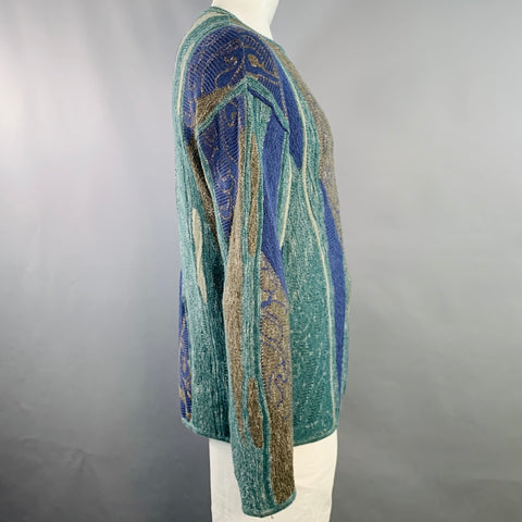 EMPORIO ARMANI Size L Green Blue Geometric Cotton Linen Crew Neck Sweater