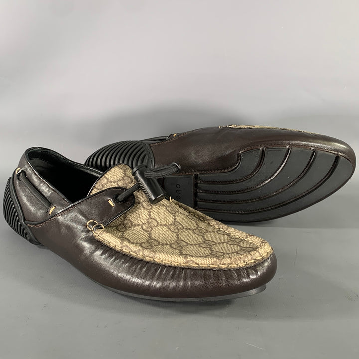 GUCCI Size 9.5 Tan Brown Monogram Leather Drivers Loafers