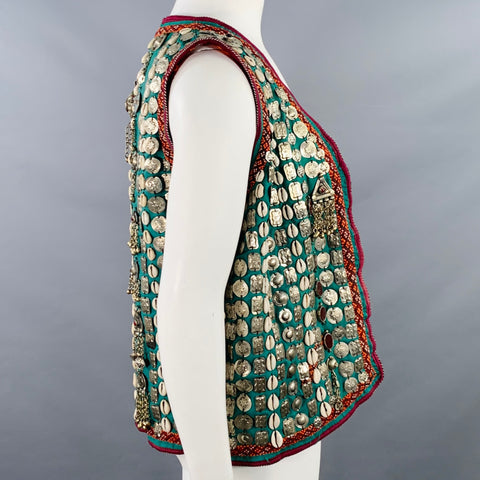 VINTAGE Size L Green Silver Beaded Cowrie Shells Open Front Vest