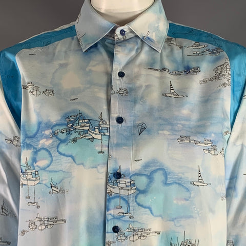 ROBERT GRAHAM Size L White Blue Print Cotton Button Up Long Sleeve Shirt