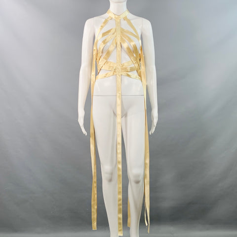 KHAITE Size M Sukey Gold Viscose Satin Straps Harness Dress Top