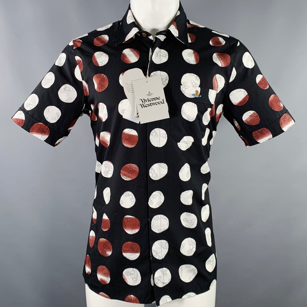 VIVIENNE WESTWOOD Size M Black White Brown Print Cotton Short Sleeve Shirt