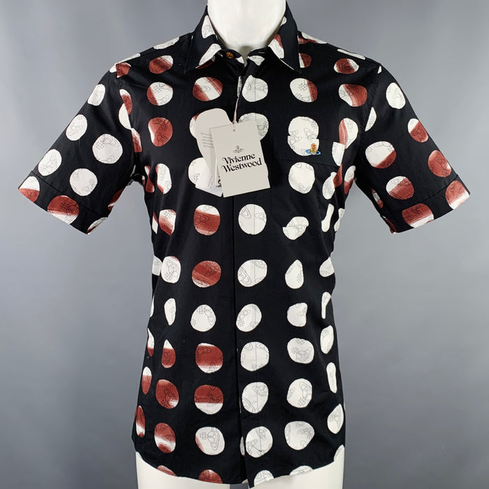 VIVIENNE WESTWOOD Size M Black White Brown Print Cotton Short Sleeve Shirt
