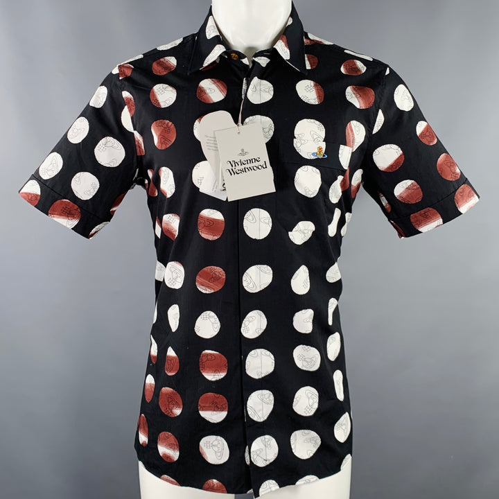 VIVIENNE WESTWOOD Size M Black White Brown Print Cotton Short Sleeve Shirt