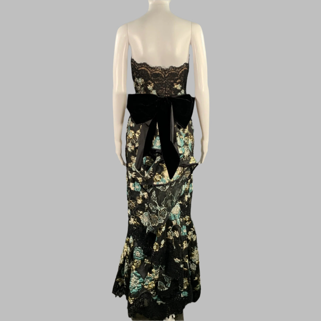 MARCHESA Size 4 Black Sage Gold Abstract Floral Strapless Long Evening Gown Sui Generis Designer Consignment MARCHESA Size 4 Black Sage Gold Abstract Floral Strapless Long Evening Gown Sui Generis Designer Consignment