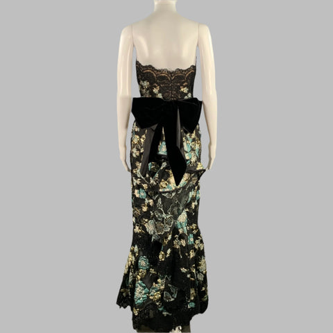 MARCHESA Size 4 Black Sage Gold Abstract Floral Jacquard Strapless Long Evening Gown