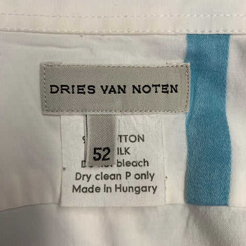 DRIES VAN NOTEN Size 42 White Blue Stripe Cotton Silk Short Sleeve Shirt