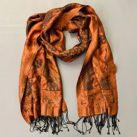 Écharpe Châle Frangée Jacquard Paisley Noir Orange VINTAGE