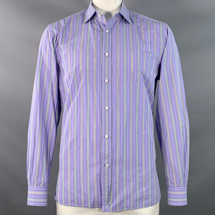 RALPH LAUREN Size XL Lilac Green White Stripe Cotton Tailored Fit Long Sleeve Shirt