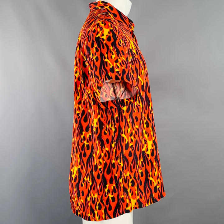 R13 SS20 Size M Orange Yellow Black Flames Viscose One Pocket Short Sleeve Shirt