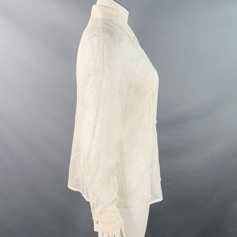 ESCADA Taille XL Chemise boutonnée à volants brodée en soie blanc cassé transparente
