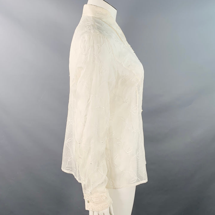 ESCADA Size XL Off White Silk Sheer Embroidered Ruffled Button Up Shirt