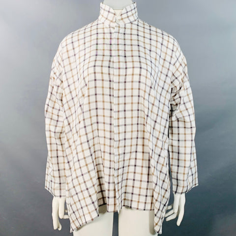 ESKANDAR Size L White Brown Cotton Grid Oversized Hidden Buttons Shirt