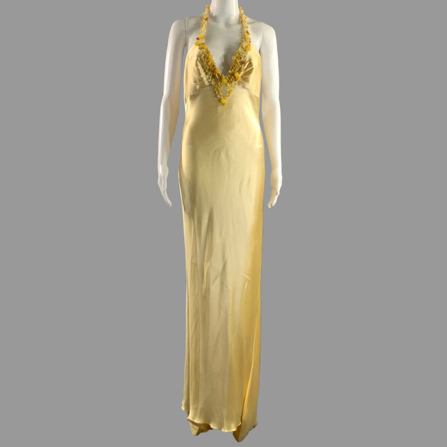 MONIQUE LHUILLIER Size 12 Yellow Silk Beaded Open back Gown Evening Dress