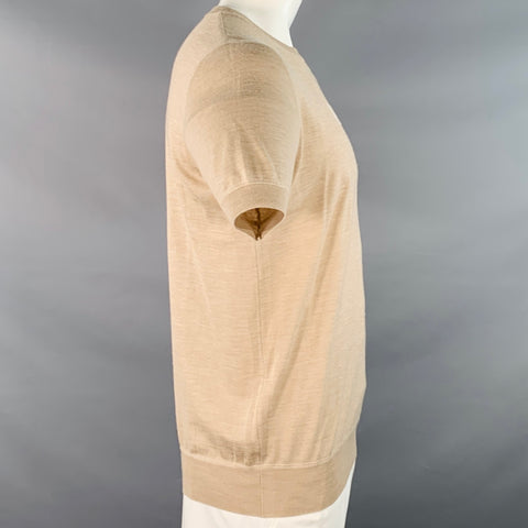 PRADA Size L Beige Cream Logo Cashmere Wool Jersey Short Sleeve Crew Neck Pullover