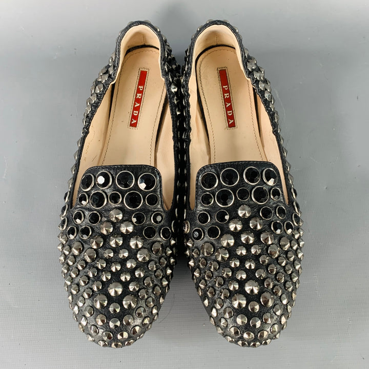 PRADA Size 7.5 Black Silver Leather Studded Flats