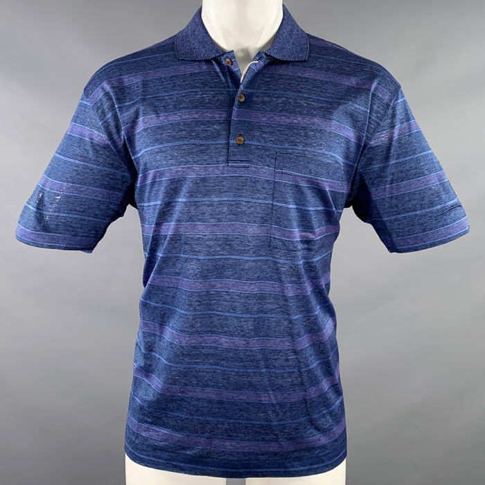 ERMENEGILDO ZEGNA Size 40 Navy Purple Stripe Linen One Pocket Polo