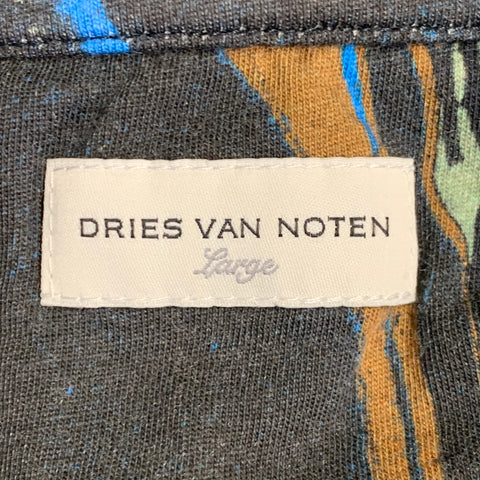 DRIES VAN NOTEN Size L Grey Orange Marble Drips Cotton Crew Neck T-shirt