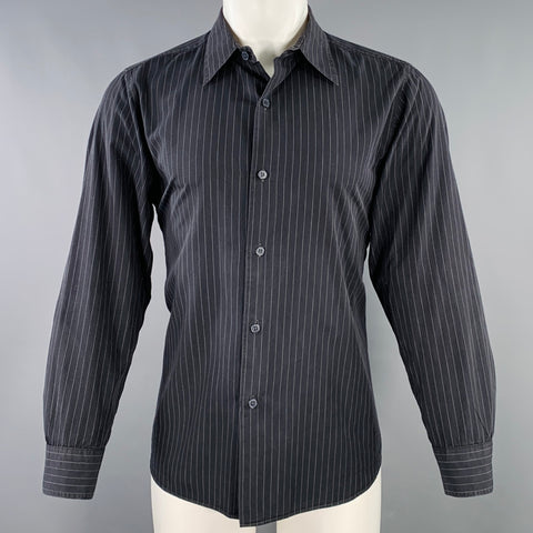 AGNÈS B. Size M Black White Pinstripe Cotton Spread Collar Long Sleeve Shirt
