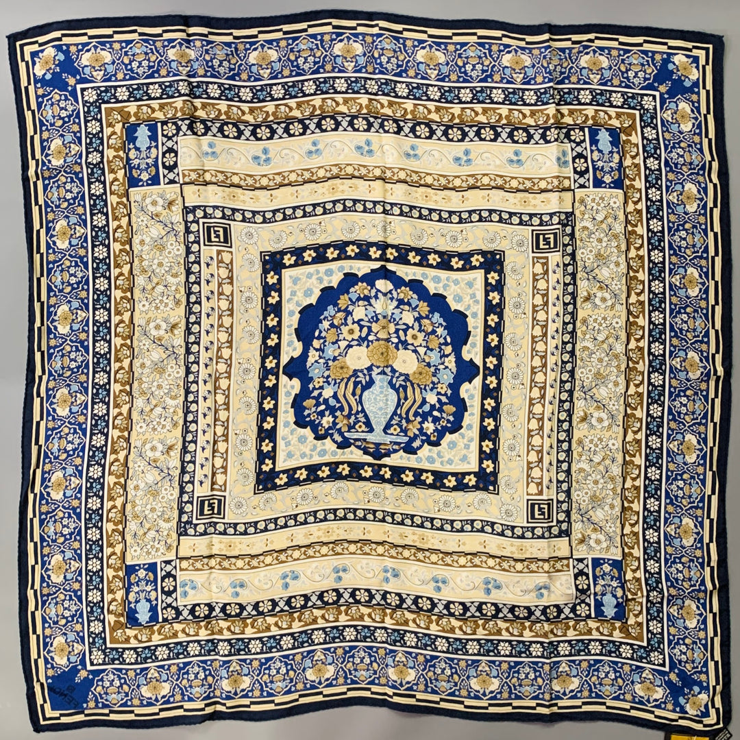 FENDI Blue Beige Abstract Floral Silk Square Scarf