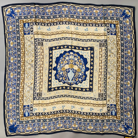 FENDI Blue Beige Abstract Floral Silk Square Scarf